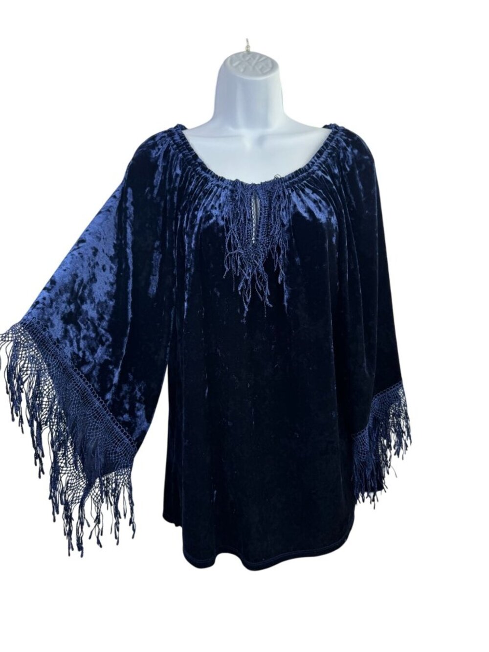 Melissa Paige Blue Crushed Velvet Fringe Tunic Blouse Womens Medium Whimsigoth